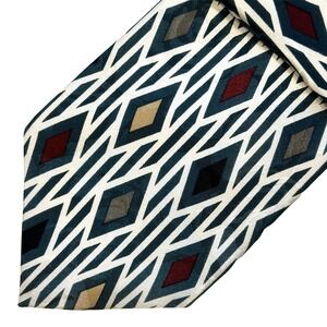INDEX Vintage Men's Diamond Geo Pattern Silk Tie • white, blue, multicolor
